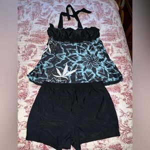 Black and Blue Floral Tankini Set